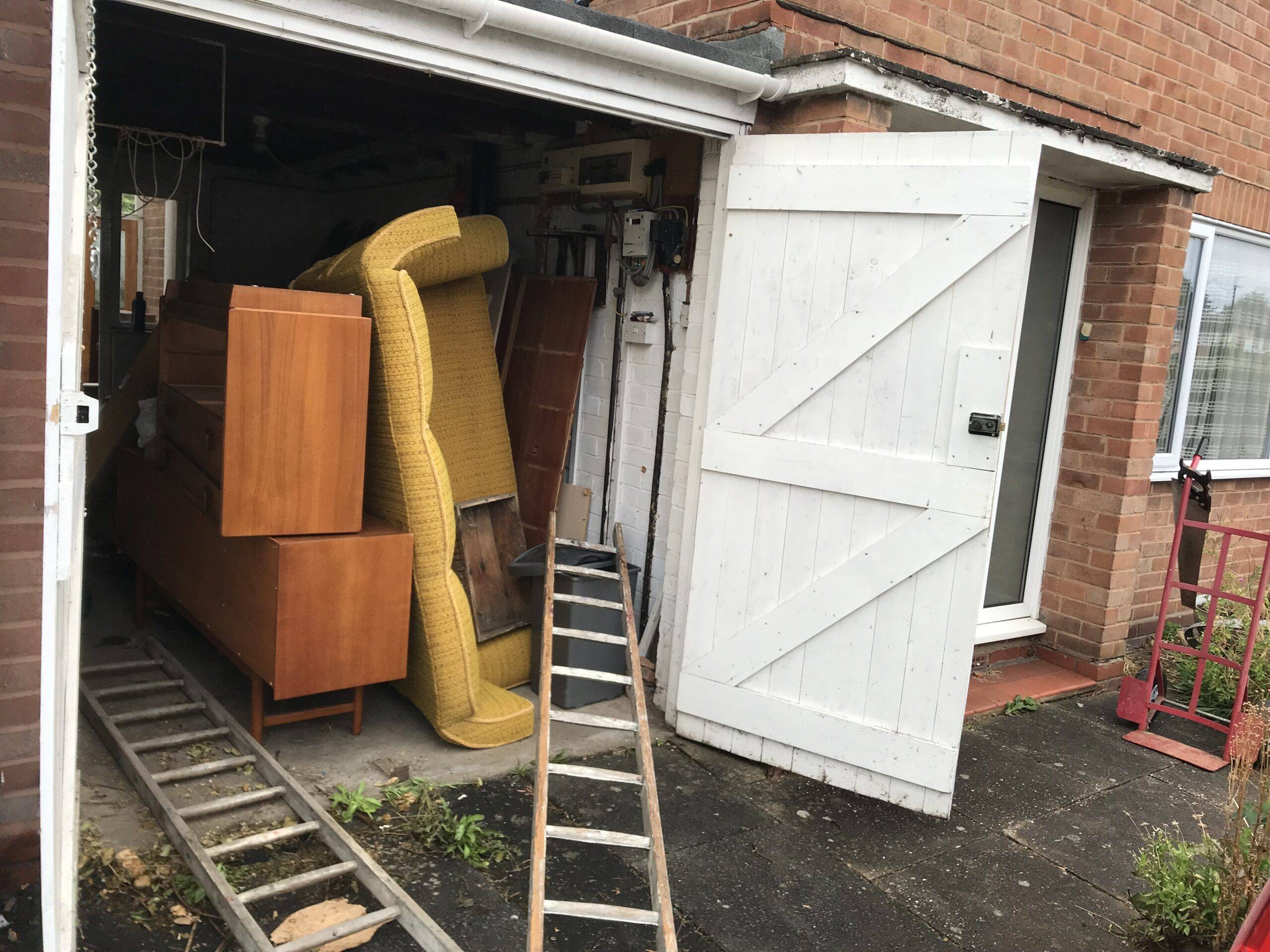 Mere Green house clearance services. Bereavement clearance and hoarded home clearance services. Items in garage ready for removal and recycling.
